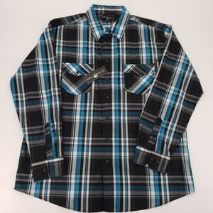 beverly hills polo club Men's 2XB Black, White, Turquoise Plaid L-Sleeve. (0882)